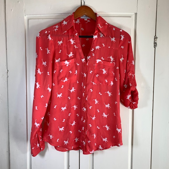 Cat Print  Express Portofino Shirt Women's XS Sheer Button Down Collared READ - Picture 2 of 10